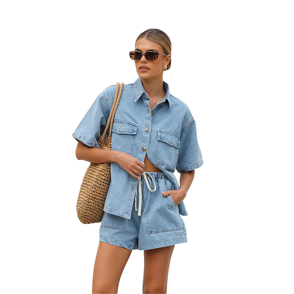 Women's Casual Loose Pockets Short-sleeved Shirt Denim Suits