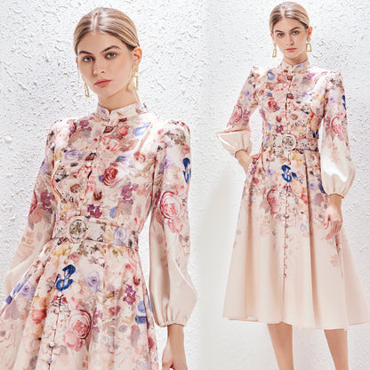 Women's Collar Single-breasted Positioning Printed Dress Pocket Temperament Dresses