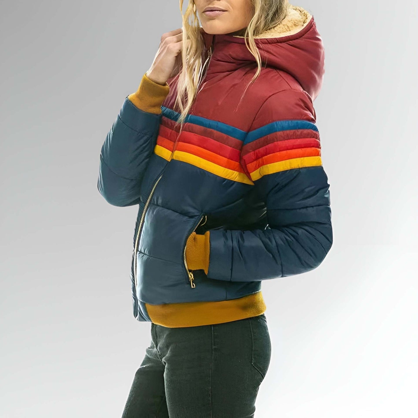 Women's Casual Hooded Printed Cotton Contrast Color Coats