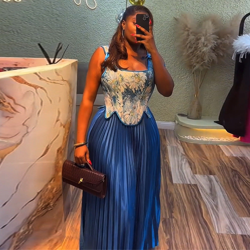 Women's Fresh Printed High Waist Pleated Two-piece Suits