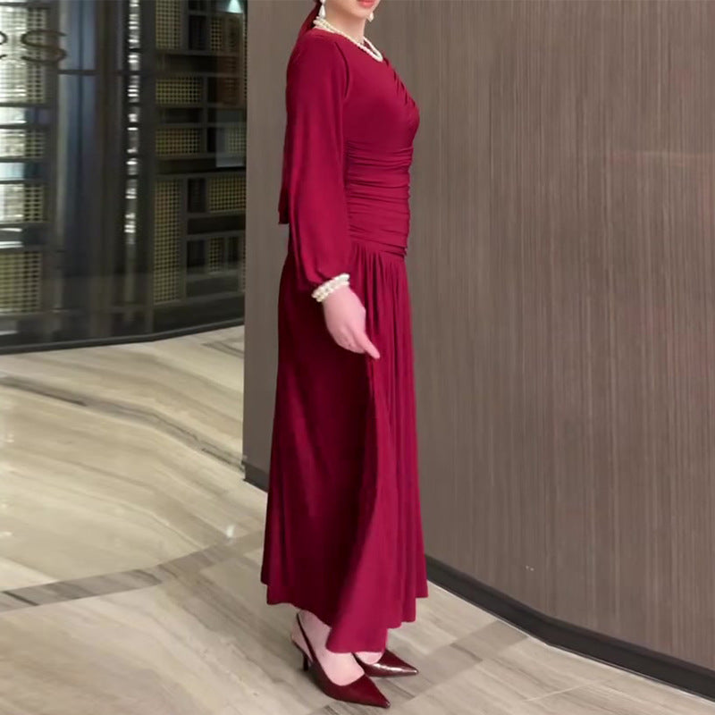 Women's Pleated Waist Tight Long Sleeve Round Dresses