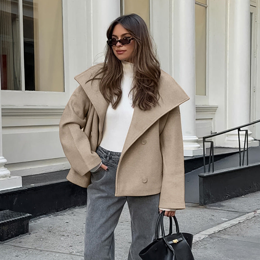 Women's Commuter French Khaki Woolen Winter Thickened Coats