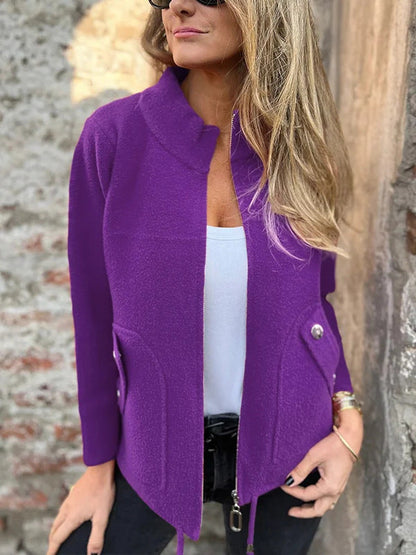 Women's Casual Zipper Woolen Tether Pocket Solid Coats