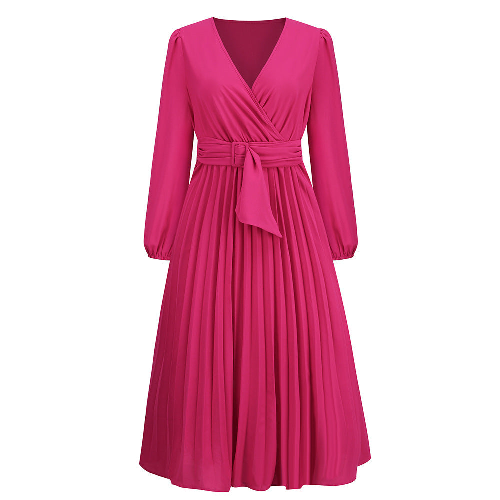 Women's Long Sleeve Pleated Belt Dress A- Dresses