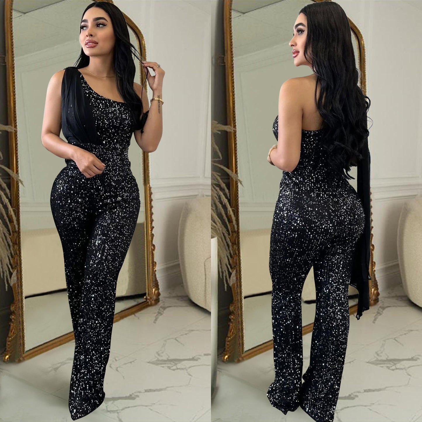 Women's Fashion Wear Solid Color Sleeveless Sequined Jumpsuits