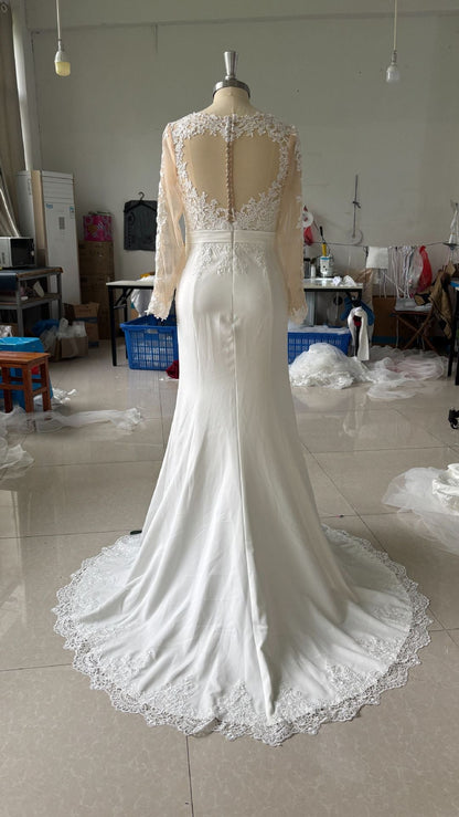 Summer Long Sleeve Exposed Back Satin Wedding Dresses