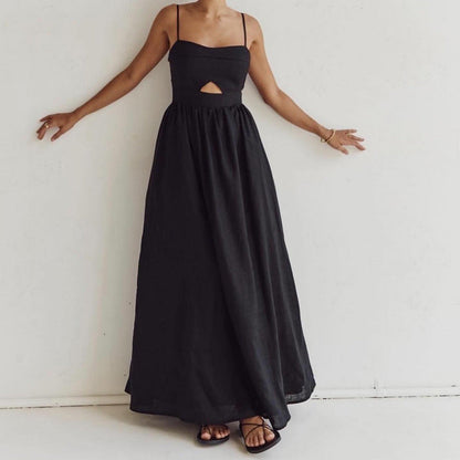 Women's Black Breathable Sling High Waist French Dress Fashion Vacation Dresses