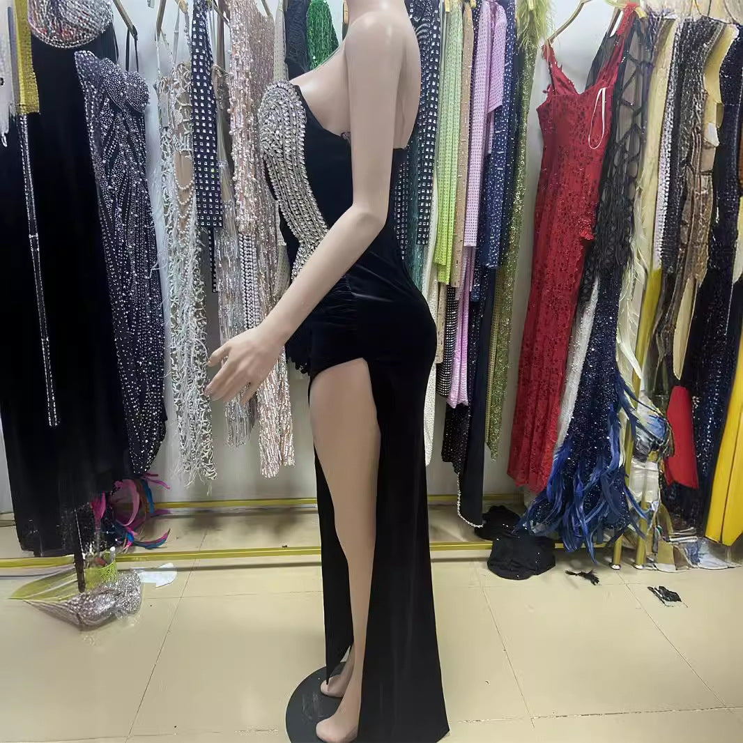 Rhinestone Design High Slit Sleeveless Black Dress Dinner Dresses