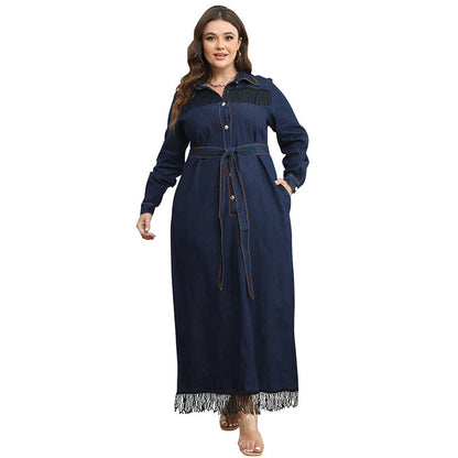 Women's Denim One-piece Dress Tassel Long Sleeve Dresses