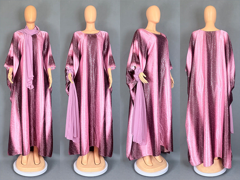Women's Fashion Printed Satin Muslim Robe Party Dresses