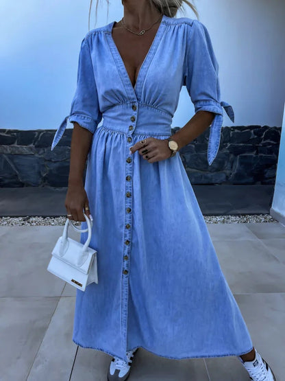 Women's Fashion Long Collar Sleeve Loose Denim Button Dresses