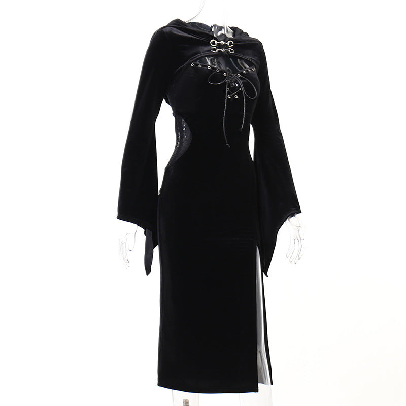 Women's Dress Dark Elegant Hooded Bell Sleeve Dresses