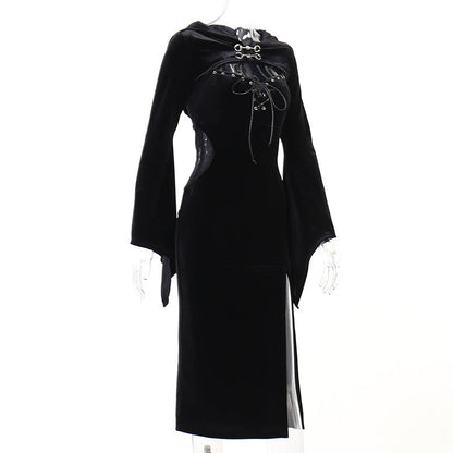Women's Dress Dark Elegant Hooded Bell Sleeve Dresses