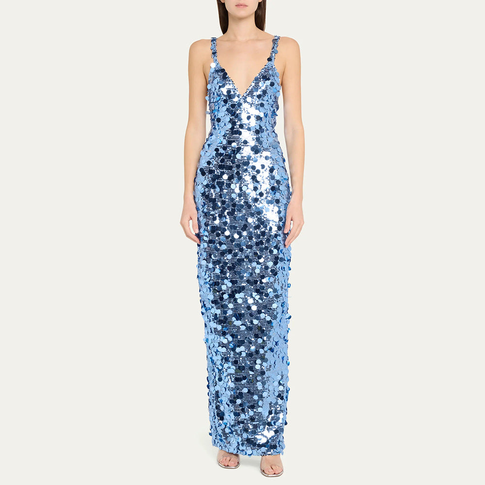 Women's Sequined Blue Sequin With Shoulder Straps Dresses