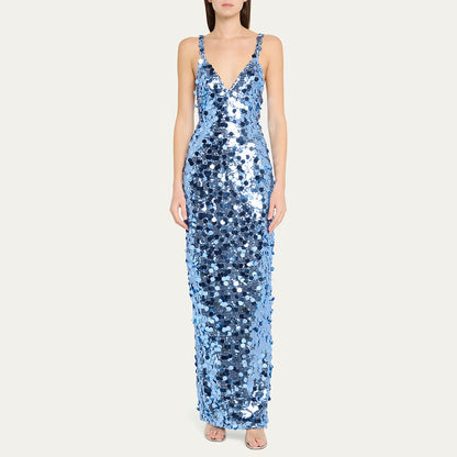 Women's Sequined Blue Sequin With Shoulder Straps Dresses