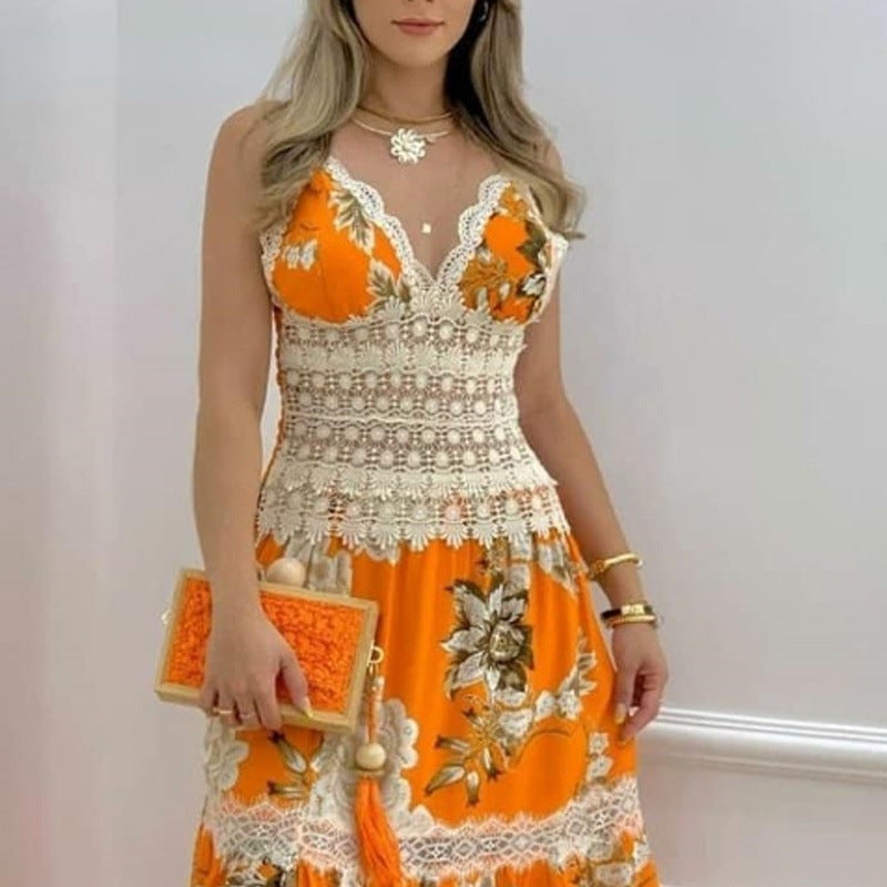 Long Lace Stitching Sexy Suspender Dress Dresses
