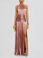 Women's Sleeveless Backless Metallic Pleated Split Halter Dresses