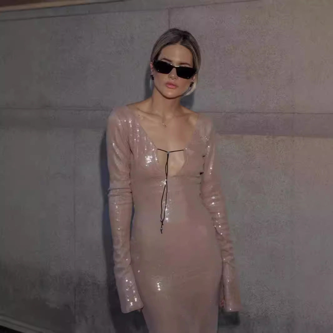 Fashionable Sequined Backless Dress Party Midi Dresses