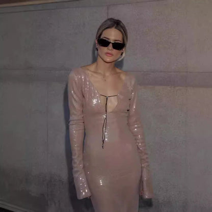 Fashionable Sequined Backless Dress Party Midi Dresses