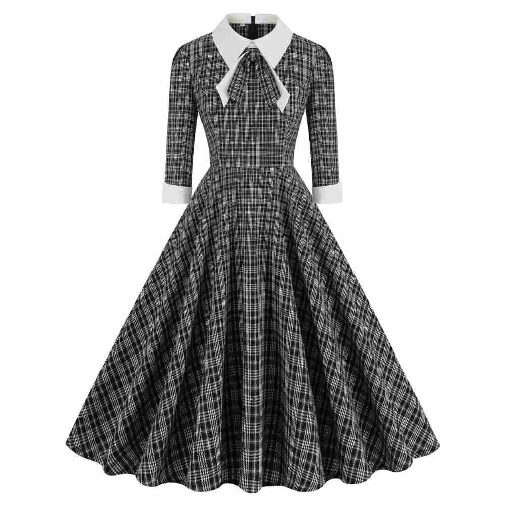 Women's Hepburn Style Retro British Lattice Contrast Color Collar Bow Dresses