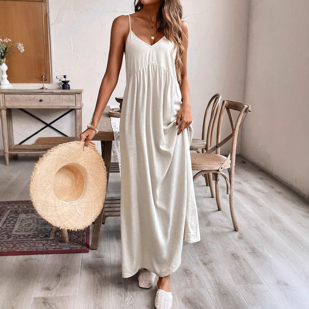 Women's Solid Color Cotton Linen Dress Loose Dresses