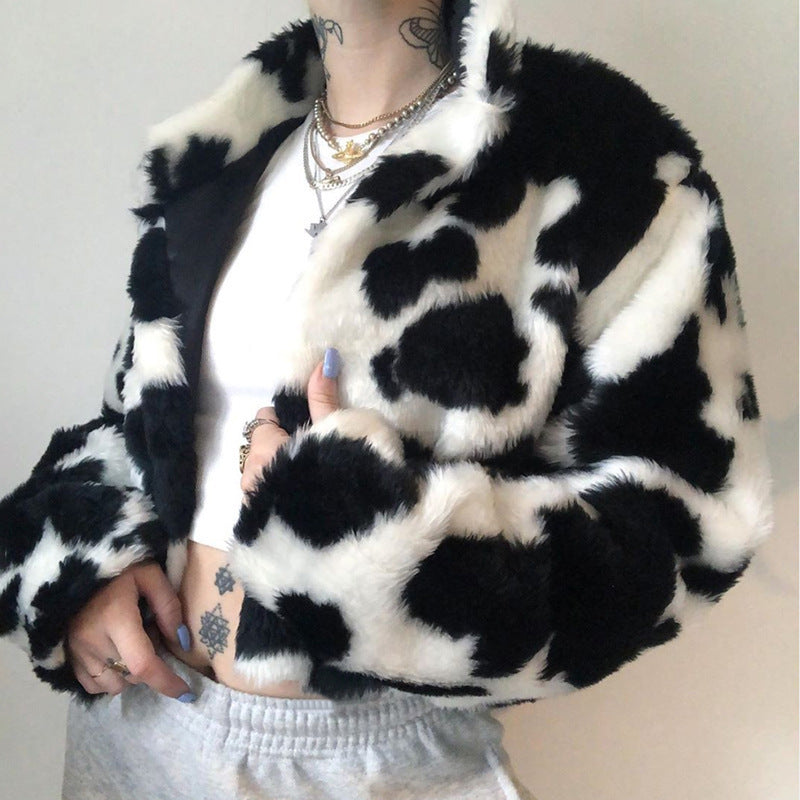 Women's Black White Polka Dot Plush Loose Coats