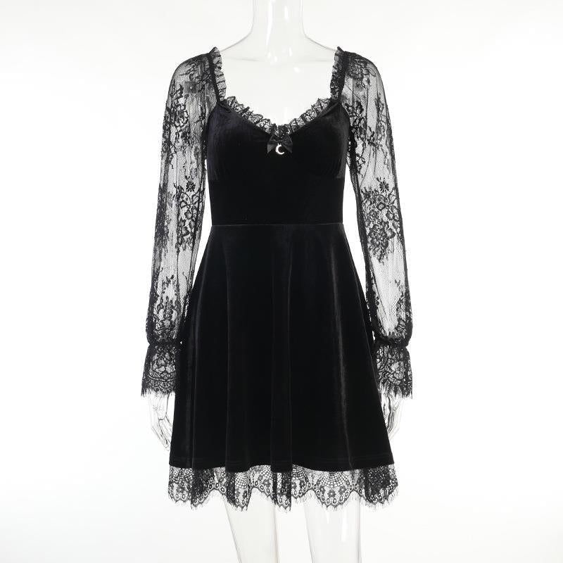 Women's Lace Stitching Long Sleeve Ruffled Waist Dresses