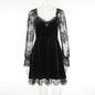 Women's Lace Stitching Long Sleeve Ruffled Waist Dresses