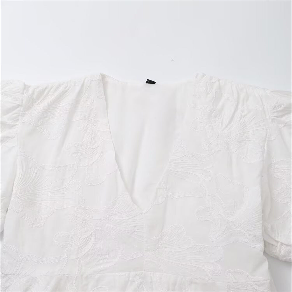 Women's Summer White Embroidery Puff Sleeves Mini Dresses