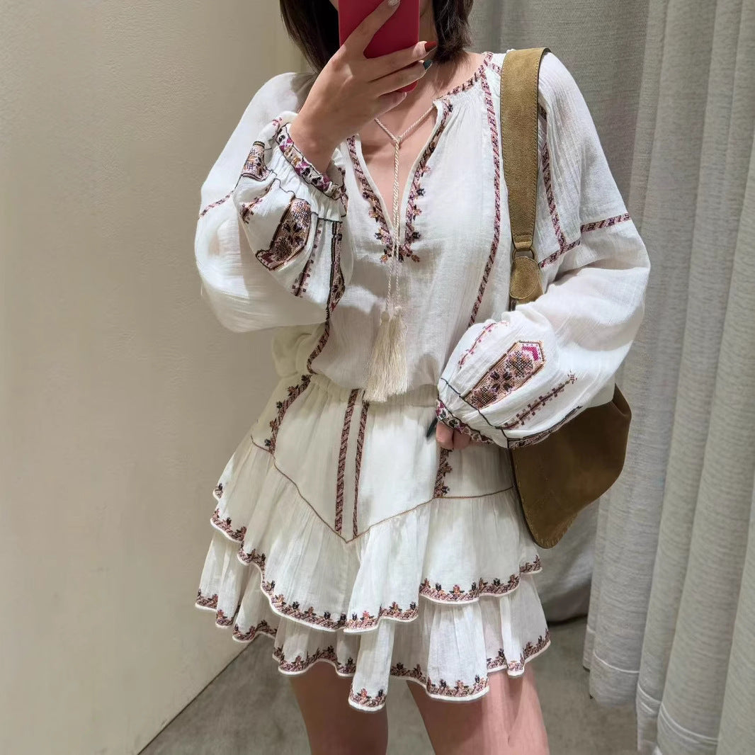 Embroidery Tassel Long Sleeve Shirt Elastic Suits