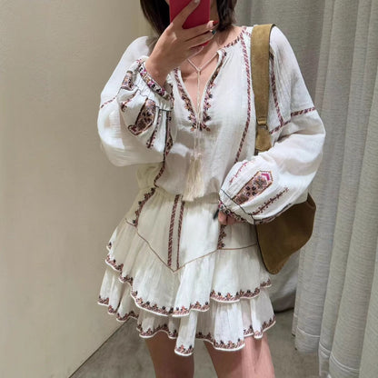 Embroidery Tassel Long Sleeve Shirt Elastic Suits