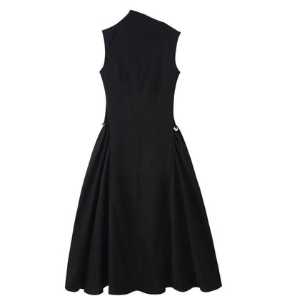 Women's High-grade Metal Button Symmetrical Pleated Sleeveless Dresses