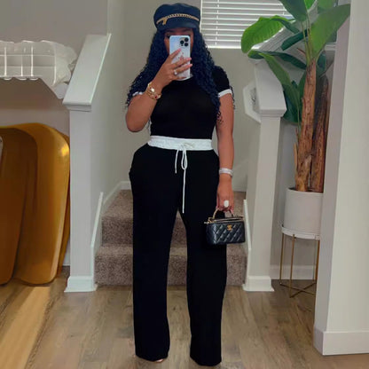 Women's Casual Daily Rib Contrast Color Round Neck Suits