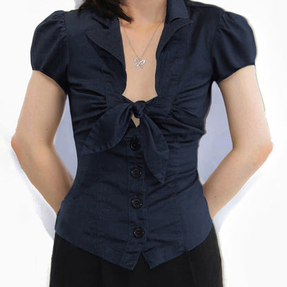Women's Organ Pleated Solid Color Collar Short-sleeved Blouses