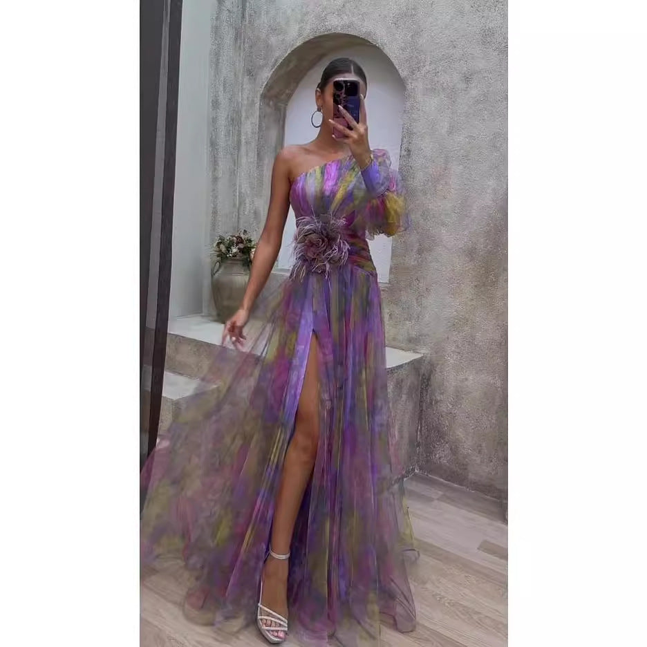 Women's Shoulder Long Sleeve Floral Yarn Dress Dresses