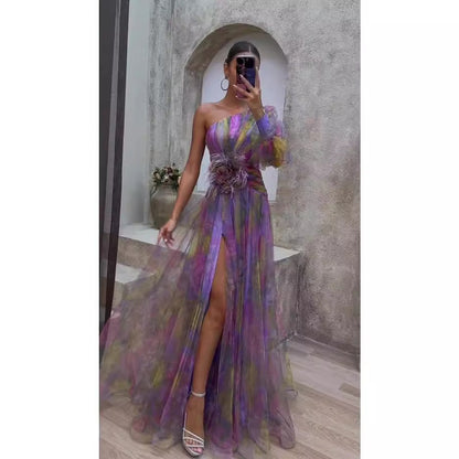 Women's Shoulder Long Sleeve Floral Yarn Dress Dresses