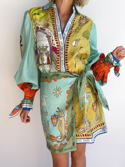 Casual Linen Shirt Collar Fake Two-piece Dresses