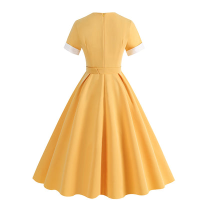 Hepburn Style Retro Square Collar Sleeve High Waist Dresses
