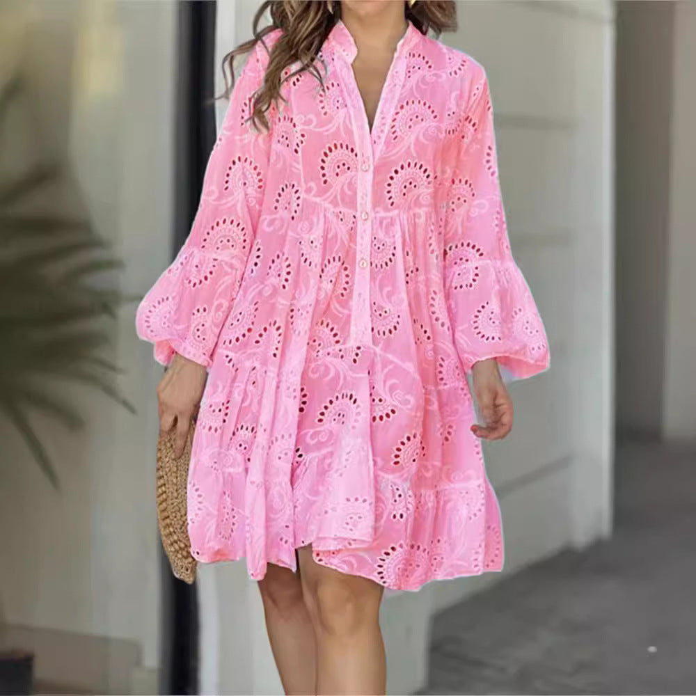 Color Loose Embroidered Cutout Lace Flower Dresses