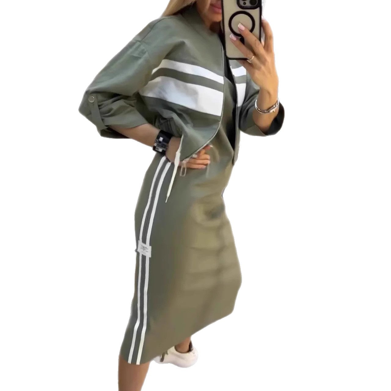 Women's Autumn Casual Zipper White Stripe Edge Suits