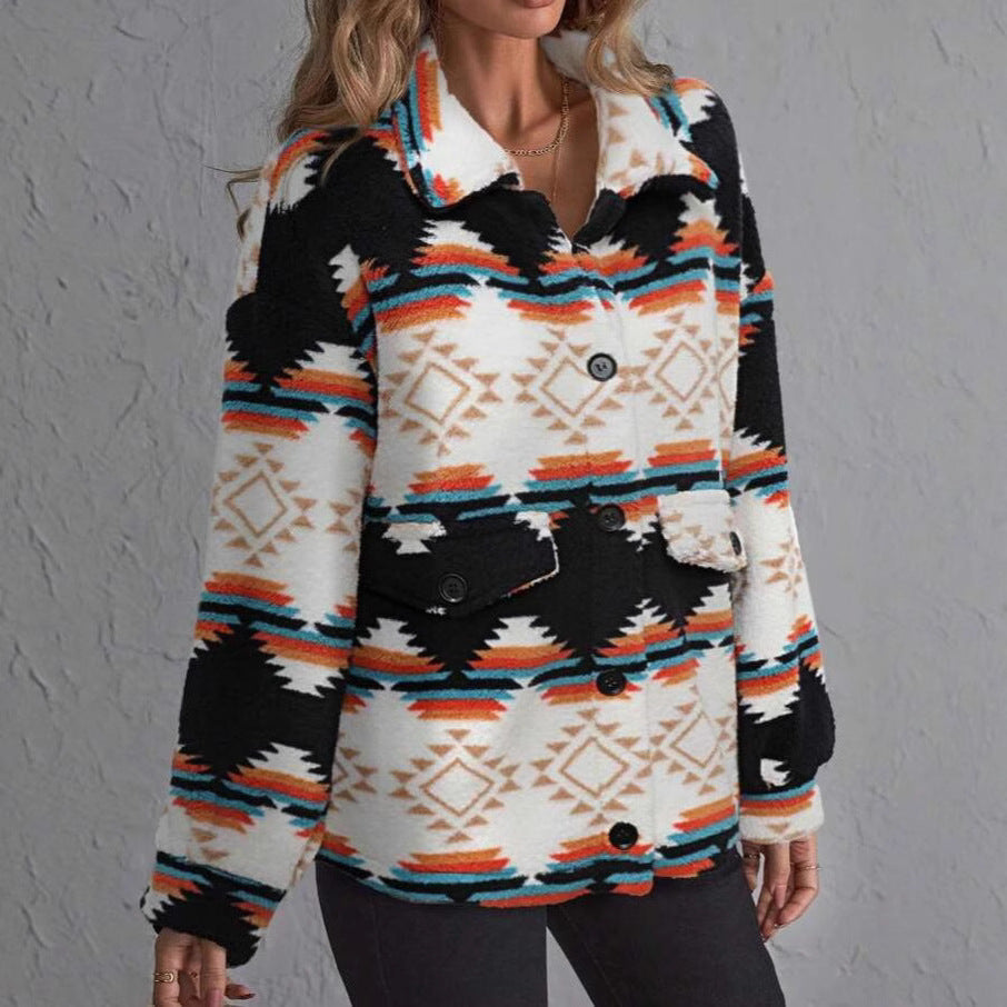Women's Elegant Plush Casual Printed Long-sleeved Coats