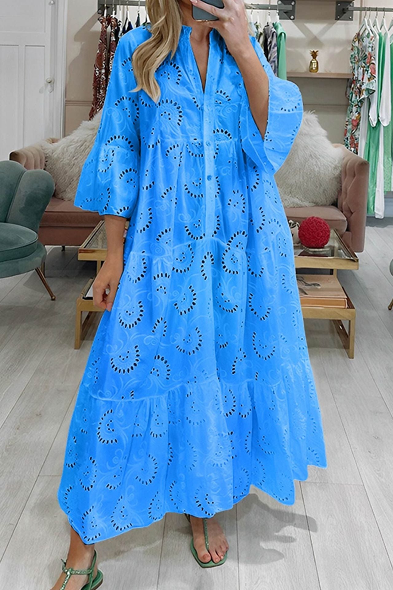 Women's Elegant Puff Sleeve Solid Color Hollow Loose Dresses