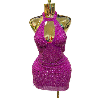 Women's Fashion Sexy African Beaded Sequins Halter Dresses