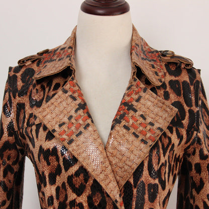 Women's Leopard Print Long Trench Goddess Sleeve Coats