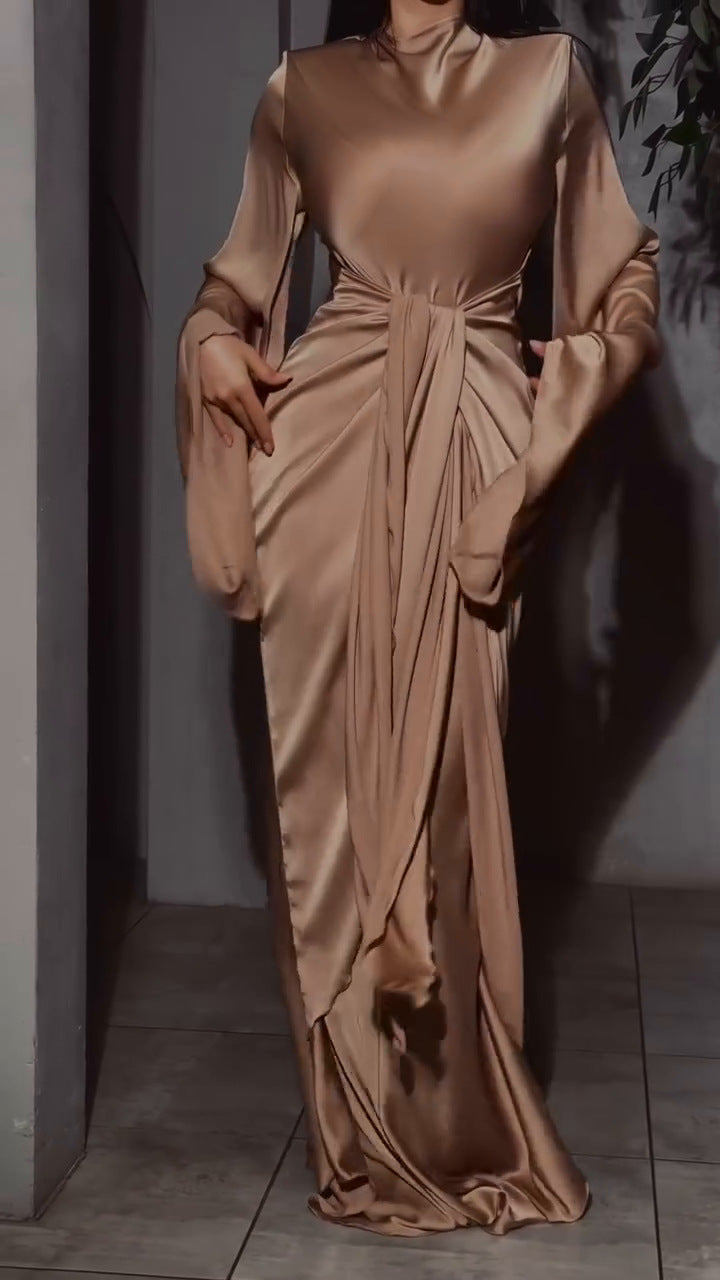 Women's Pleated Long Sleeve Waist Irregular Solid Dresses