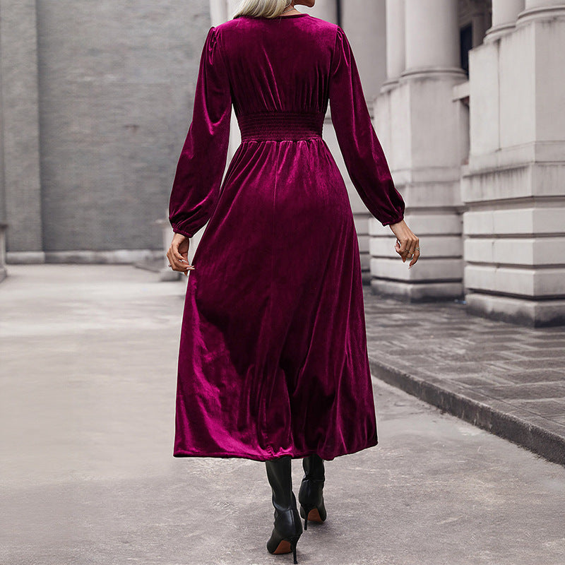 Classy Solid Color Veet Long-sleeved Dress Dresses