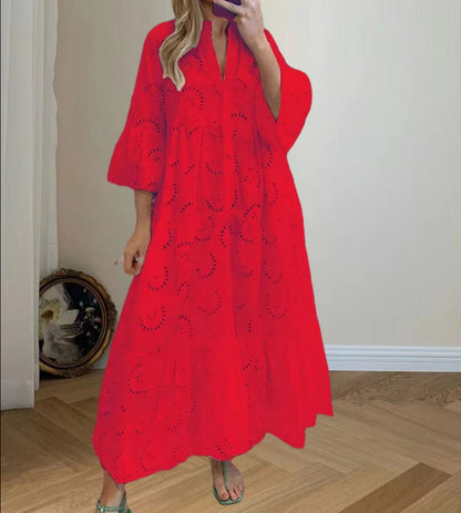 Women's Elegant Puff Sleeve Solid Color Hollow Loose Dresses