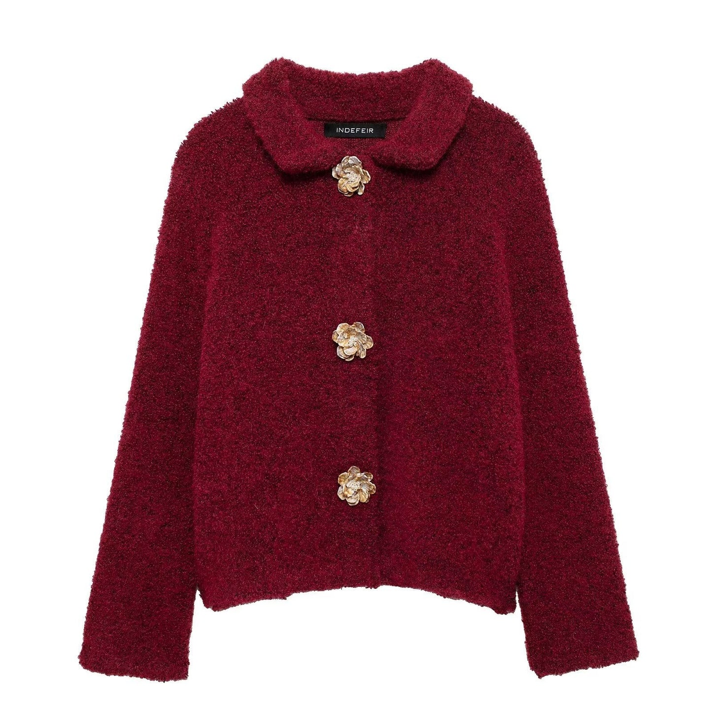 Women's Flower Breasted Artificial Fur Effect Knitted Coats