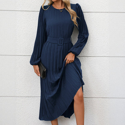 Women's Dress Long Sleeve Pleated High Waist Dresses