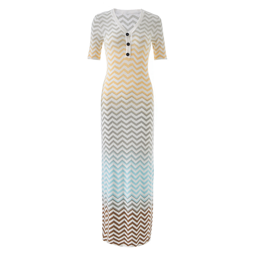 Stripe Wave Pattern Gradient Knitted Dress Contrast Dresses